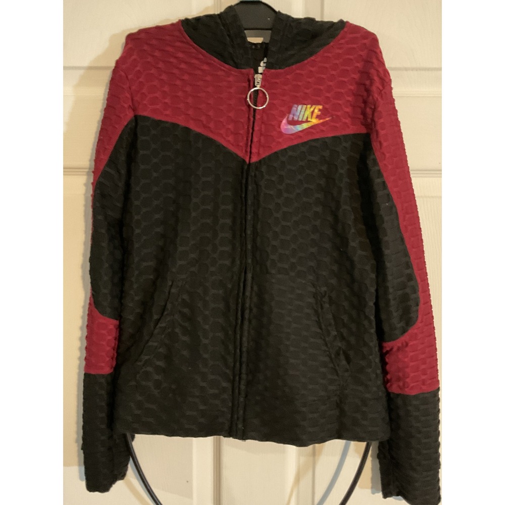 Nike Fit‎ Womens Hoodie Medium Black Burgundy Textured Honeycomb Iridescent Logo